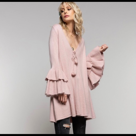 Rose Pink Tiered Bell Sleeve Tunic Sweater - Picture 7 of 11